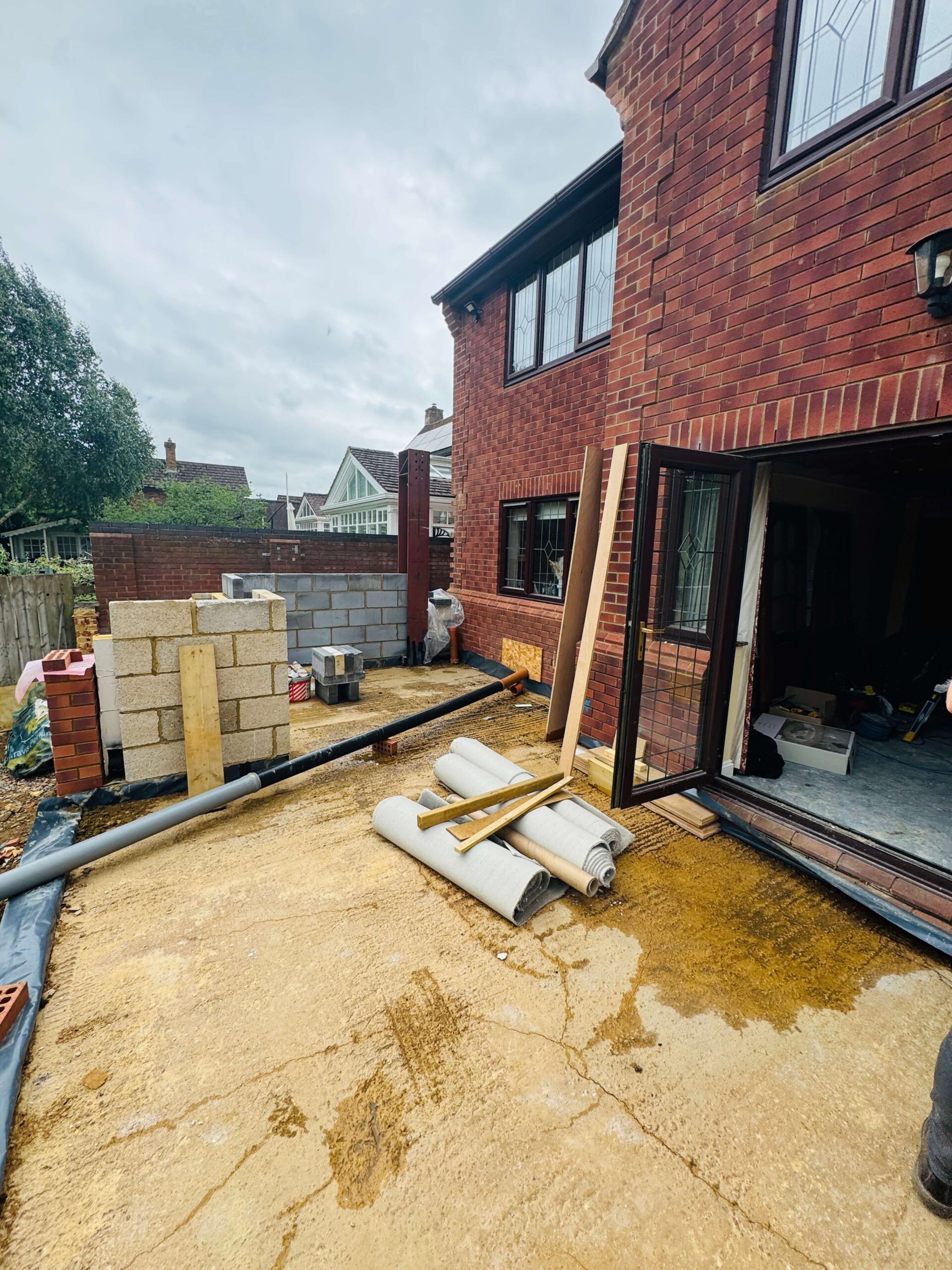 A side view of the refurbishment with materials around