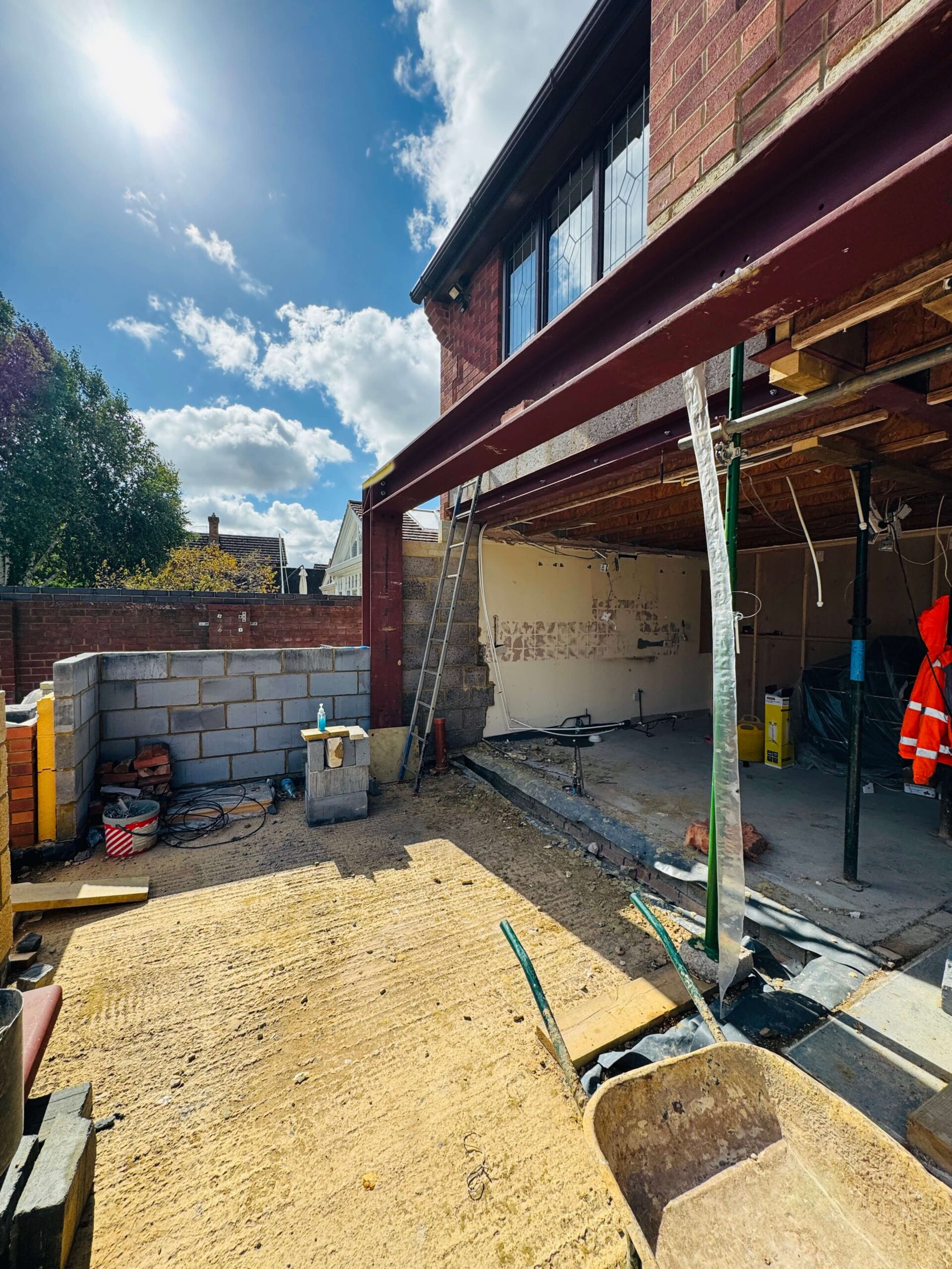 A closer view of the extension being worked on