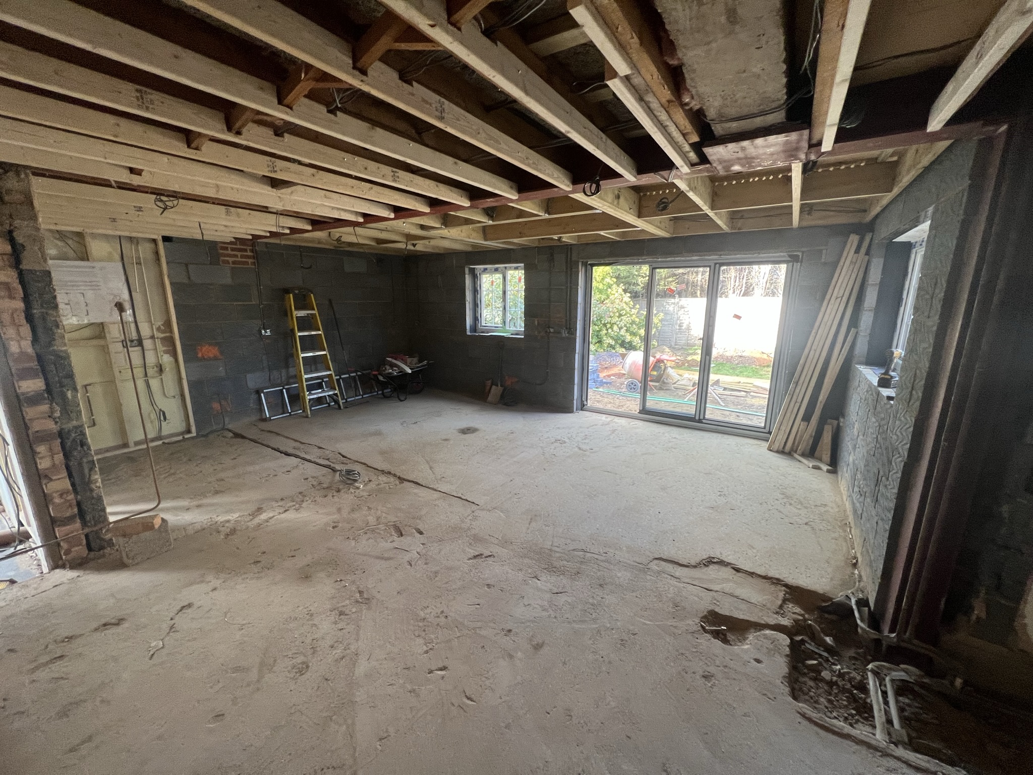 A long shot of the interior of the rear extension while in construction