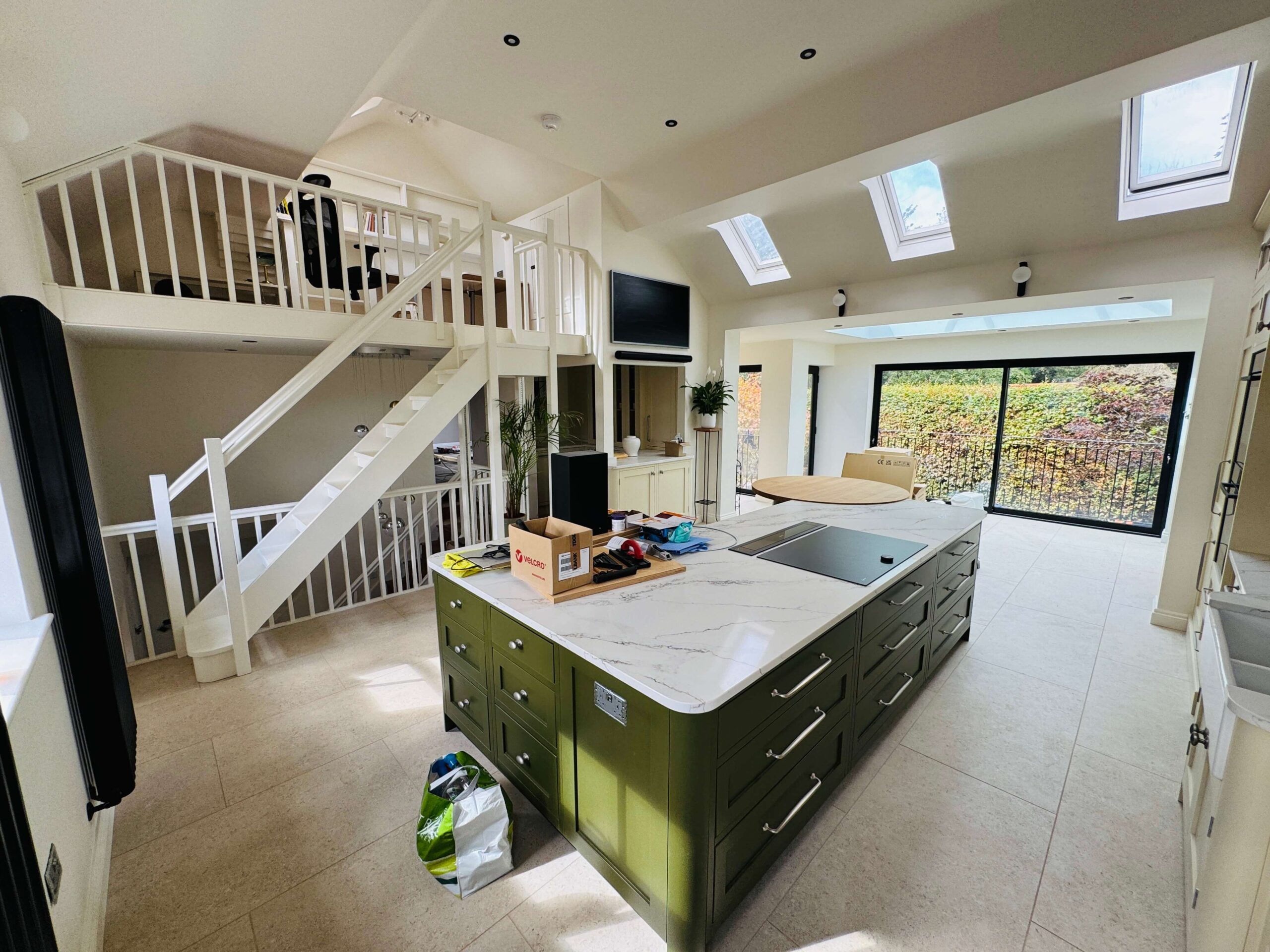 A wide angle of the kitchen